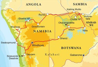 Routekaart Rundreise Namibia, Botswana & Victoriafälle, 21 Tage Zeltsafari oder Hotel- & Lodgesafari