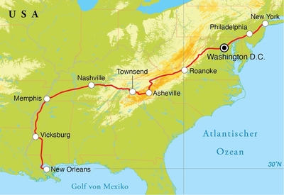 Routekaart Rundreise von New Orleans nach New York, 18 Tage Routekaart Rundreise von New Orleans nach New York, 18 Tage