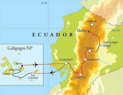 Routekaart Rundreise Ecuador & Galápagos, 22 Tage
