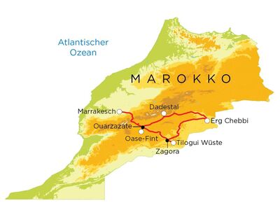 Routekaart Familienreise Marokko, 8 Tage