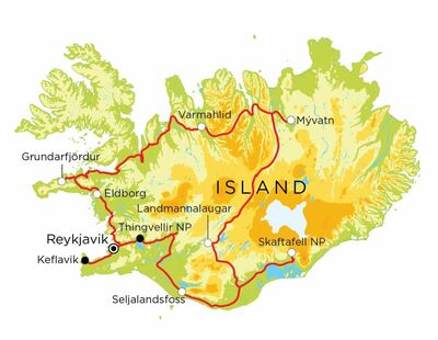 Routekaart Familienreise Island, 14 Tage