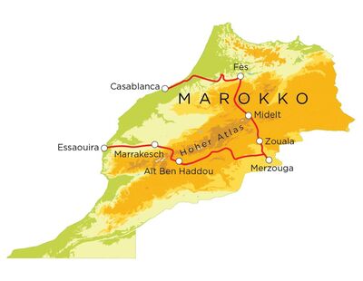Routekaart Familienreise Marokko, 15 Tage