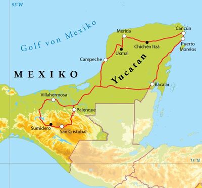 Routekaart Rundreise Mexiko, 16 Tage
