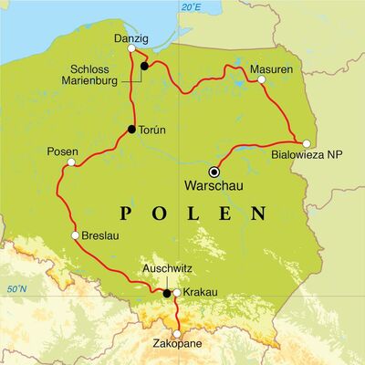 Routekaart Rundreise Polen, 14 Tage