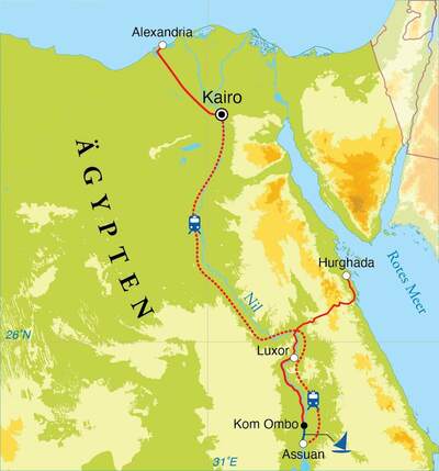 Routekaart Rundreise Ägypten, 20 Tage Routekaart Rundreise Ägypten, 20 Tage