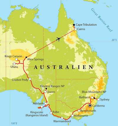 Routekaart Rundreise Australien mit Kangaroo Island, 28 Tage Routekaart Rundreise Australien mit Kangaroo Island, 28 Tage