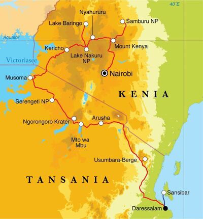Routekaart Rundreise Kenia, Tansania & Sansibar, 21 Tage Zeltsafari oder Hotel- & Lodgesafari Routekaart Rundreise Kenia, Tansania & Sansibar, 21 Tage Zeltsafari oder Hotel- & Lodgesafari