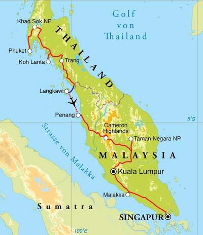 Routekaart Rundreise Thailand, Malaysia & Singapur, 21 Tage Routekaart Rundreise Thailand, Malaysia & Singapur, 21 Tage