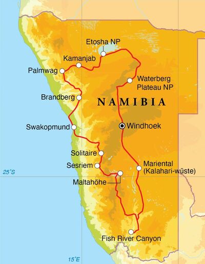 Routekaart Rundreise Namibia, 21 Tage Zelt- oder Hotel & Lodge-Safari