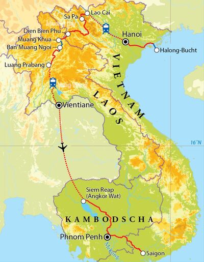 Routekaart Rundreise Vietnam, Laos & Kambodscha, 23 Tage