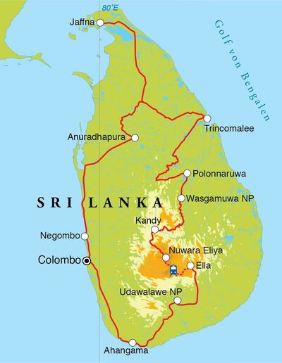 Routekaart Rundreise Sri Lanka, 22 Tage Routekaart Rundreise Sri Lanka, 22 Tage